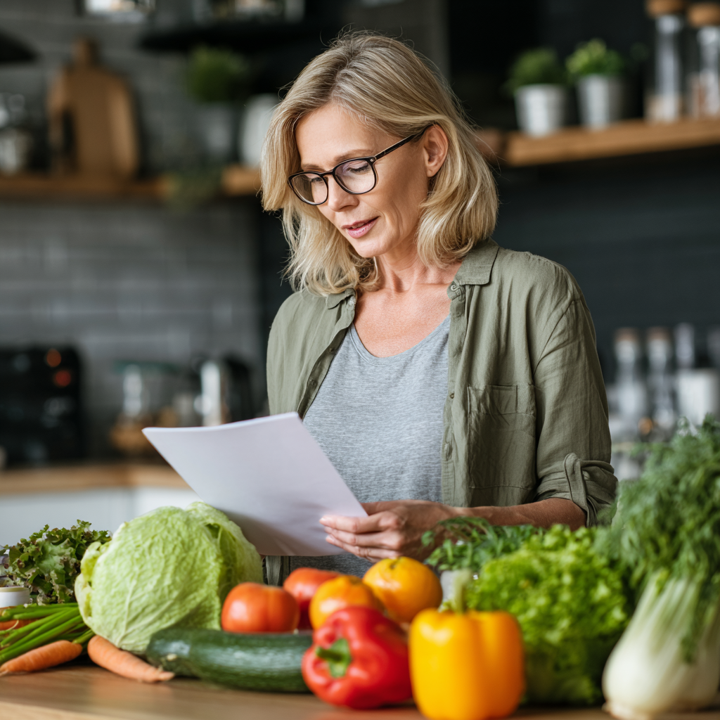 Middle-aged nutritionist reviewing personalized meal plans with fresh vegetables and fruits on modern kitchen counter