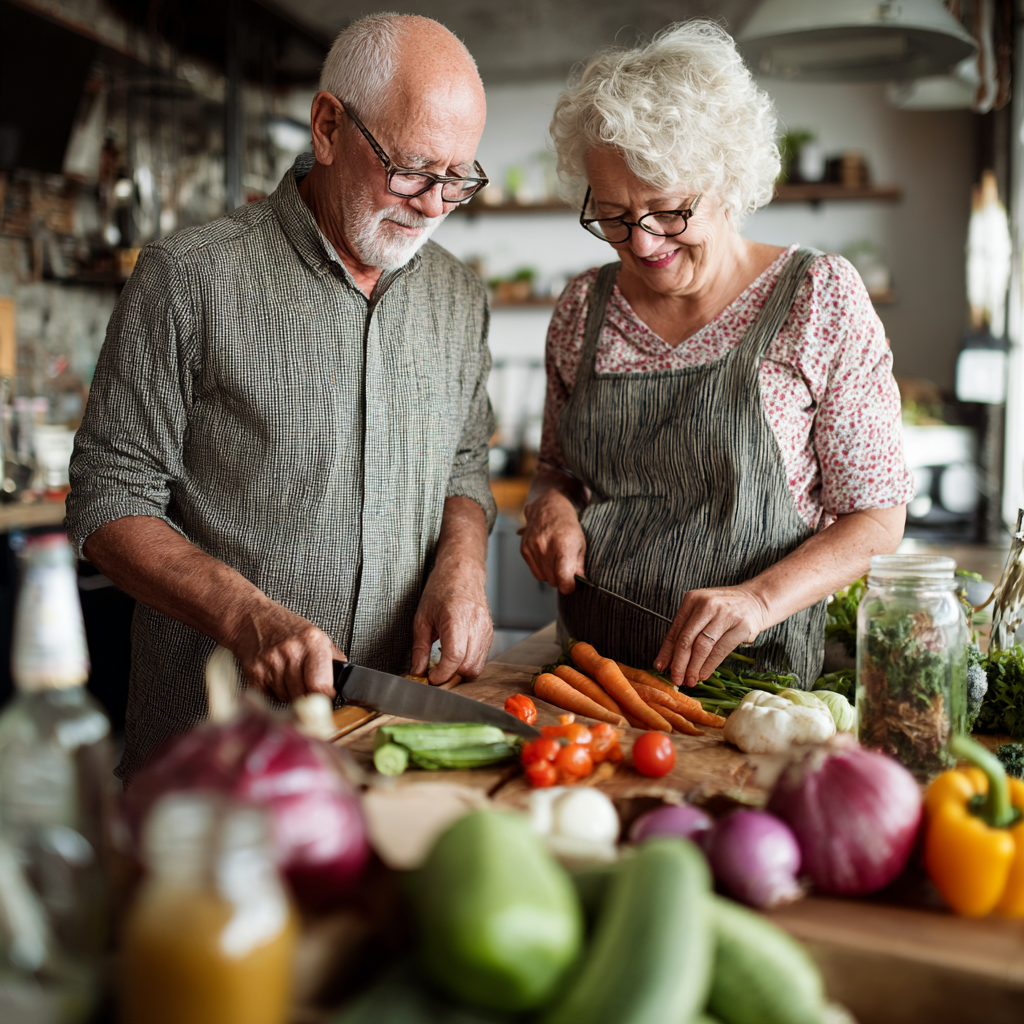 Senior couple preparing healthy meal together in bright kitchen with variety of colorful vegetables